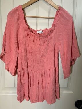 Status by Chenault Pink Blouse Large Boho Chic Stretchy Fit Gauze FlounceSleeves
